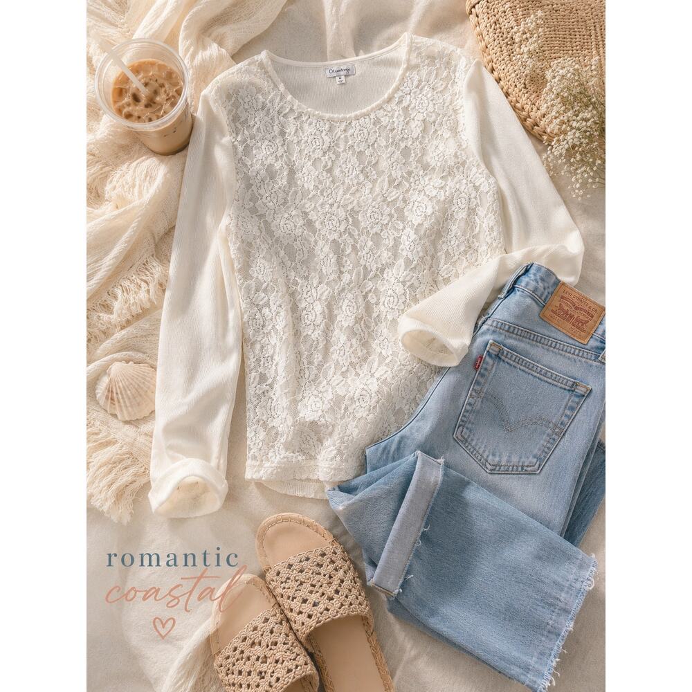 Olsenboye Ivory Floral Lace Knit Top Medium Boho Romantic Long Sleeve